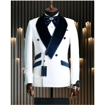 Жакард мъжки костюми, 2 броя, velvet двубортный сако с ревери, сватбена рокля за булката, всекидневни костюми, облекло за кума, яке + панталон