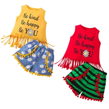 Летни комплекти дрехи за момичета, ежедневни блузи без ръкави с писмото принтом + Шорти цветенце / ивица, дрехи за деца, Детски дрехи за деца