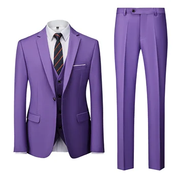 Модерен мъжки ежедневни бизнес костюм Комплект от 3 теми/Мъжки Блейзери на две копчета, Панталони, жилетка