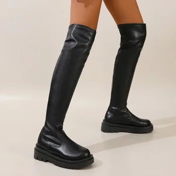 Модни Дълги ботуши от изкуствена кожа 2024 г., Женски Ботфорты над коляното, Мотоциклетни ботуши на 