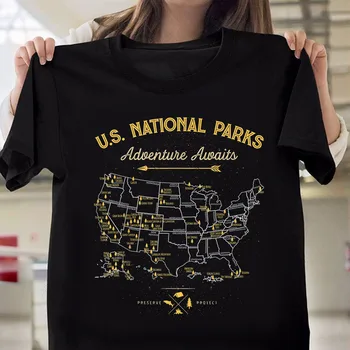 Карта 62 национални паркове ще НИ винтажную тениска за къмпинг и туризъм, разходки в парка САЩ.