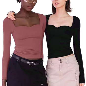 2024 Нови дамски тениски с дълъг ръкав, пролет и есен, оборудвана деколте във формата на сърце, върхове за излизане на светлина, сексуална базова однотонная тениска