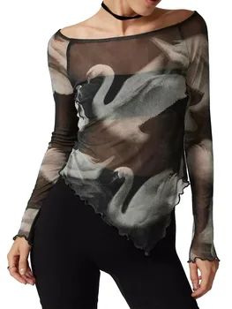 Дамска риза от прозрачна мрежа с дълъг ръкав, секси прозрачен съкратен топ, Риза с асиметрично принтом, пуловер, блуза