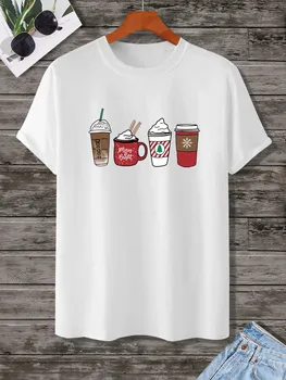 Тениска с принтом Hot coffee for the christmas holidays за мъже, Ежедневни Тениски с кръгло деколте и къс ръкав, Потници, Обикновени и Оверсайз