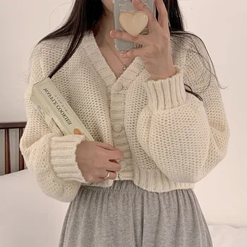 Кратък вязаный жилетка, сладък Корейски пуловери с V-образно деколте и ръкав-фенерчета за жени, есен е просто укороченное розово палто.