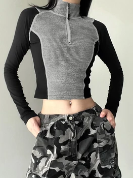 Дамски трикотажни съкратен върхове, модерен оборудвана пуловер в контрастен цвят, с високо воротом, риза с дълъг ръкав в стил гръндж, градинска дрехи с цип наполовина.