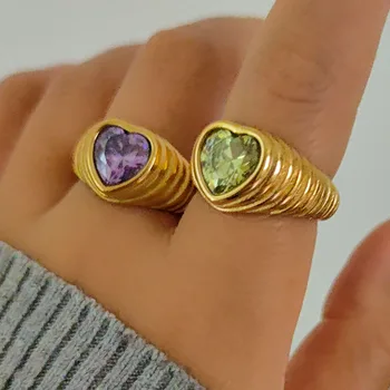 Пръстени-печати цвят на перидота във формата на сърце от неръждаема стомана, масивни пръстени за жени, лилав зелен камък, фини бижута, не накърняват или водонепроница