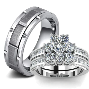 Модерен чифт пръстени за жени, кристали във формата на сърце, Циркониеви пръстени, Набор от Модерни мъжки пръстени от неръждаема стомана, Годежен пръстен, Бижута, подаръци
