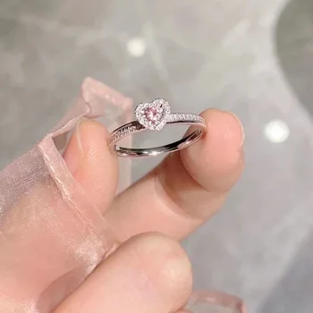 Нежен Сребрист цвят, Розов пръстен с камъни Цирконий, сърца за жени, Модни Сватбени халки за годеж, комплект бижута за подарък