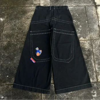 JNCO нови ретро готически дънки с голям джоб, прави черни широки дънки с бродерия, мъжки дънки за скейтборд в стил хип-хоп на улицата