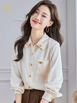 H Han Queen 2023, Есенни блузи, Проста Офис Дамска блуза, с Модерна риза с джобове копчета, Дълъг ръкав, ежедневни Корейски Свободни блузи За жени