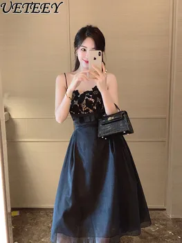 Лятното Ново черна рокля без ръкави за отслабване в стил богиня, дизайнерско рокля на бретелях, елегантна секси рокля на подтяжках