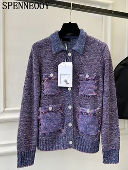 SPENNEOOY Пролет Есен Модерен Ретро вязаный жилетка лилав цвят пуловер, палто, женски свободен пуловер с ръкави-фенерче и бутони