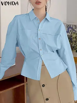 Дамски ризи VONDA, елегантна однотонная блуза с дълъг ръкав и копчета, ежедневна туника топ с талия 2023 година, есента стилни дамски блузы
