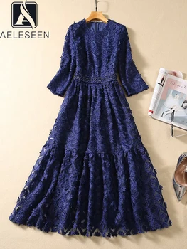Висококачествено синя рокля AELESEEN, дизайнерско една модерна женствена рокля, есен-зима, къс ръкав, Луксозна цветна бродерия, талия, във дълго
