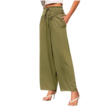 2023 Нови панталони За жени, модни Обикновена широки панталони с еластичен ластик на талията, дантелени ежедневни плажни панталони с джобове, Дамски Елегантни широки панталони