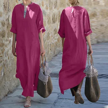 Модно однотонное дълга рокля-риза с V-образно деколте, женски свободни ежедневни памук, ленени рокли с цепка отстрани 2023, женски празнични рокли