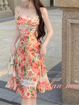 Жена премяна Миди с флорални принтом, секси кружевными накъдрен, Реколта Елегантни Френски летни вечерни рокли на спагети презрамки