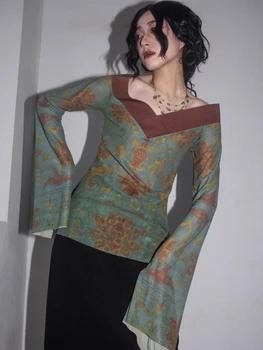 Millennium Mambo | Модни елегантна еластична мрежа с принтом, голямо V-образно деколте, расклешенный топ с дълъг ръкав, базова риза в новия китайски стил