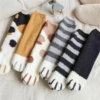 Зимни чорапи, Дамски чорапи от коралов отвътре с участието на котешки лапи, сладки чорапи за момичета, меки чорапи на пода