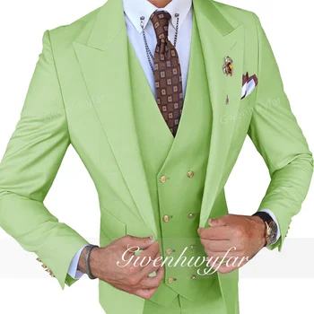 Gwenhwyfar 2022 Мъжки Светло зелен Бизнес костюм от 3 теми, Оборудвана Смокинг с изрезки на лацканах за бала и за младоженеца (Сако + панталон + елек)