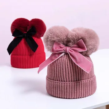 Зимна утепленная топла детска шапчица с двойно помпоном, вязаная шапка за момиче и момче с качулка с хубав нос, шапка за деца, шапки за бебета