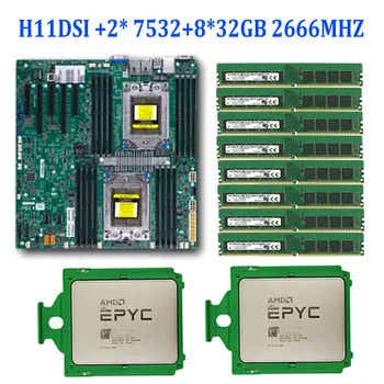 За дънната платка Supermicro H11DSI REV2.0 + 2 * EPYC 7532 32C/64T 200 W процесор SP3 CPU + 8* 32 GB = 256 GB оперативна памет DDR4 2666 Mhz