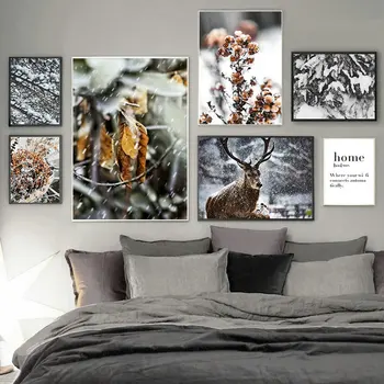 Зимна картина върху платно Снежинка, сухи листа, клони, елена, стенни художествени плакати и щампи, картинки за коледа всекидневна декор