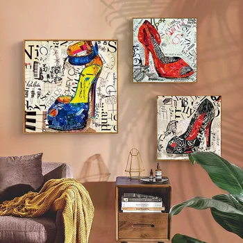 Ретро-дамски обувки на висок ток, графити, платно, плакат и принт, Абстрактна стенни картина на високи токчета за домашен декор на стаята