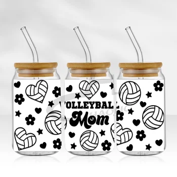 Мама, волейбол и цветя, звезди и сърца, UV-трансфери DTF за чаши, тайна, стъклен буркан Libbey на 16 унции