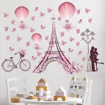 Розови етикети на стената с Айфеловата кула за спални, хол, любителите на велосипеди, пеперуди, стикери за стени на стаи за момичета, Стенописи за домашен декор