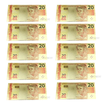 10ШТ Бразилският Банкнота От 20 Реала Със Златно Фолио Platsic Банкноти Занаяти Позлатени Копия на Събиране на Пари Сувенири Direct Доставка