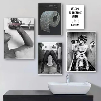 Модерен тоалетна Секси жена Печат върху платно, Момичето от бара на Картината в банята Плакат Мода Черно и бяло рулонная хартия Живопис Украса
