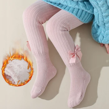 Топли Чорапогащи на руното облицовки за момичета Зимни плюшени кадифе чорапогащник с лък Чорапи на Принцеса за момиченца Гамаши Детски Дрехи