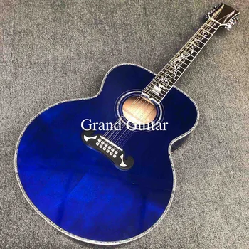 Изработена по поръчка 12-струнен 43-инчов акустична китара Jumbo Flamed Maple от обратната страна на синия цвят
