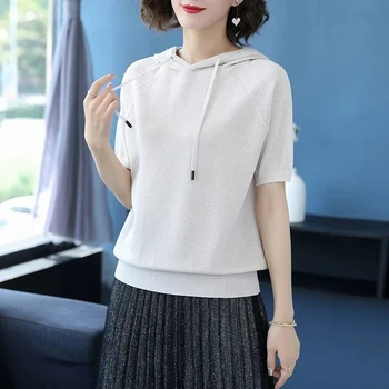 Мода срастване тънки летни Дамски блузи, плътен цвят с къс ръкав универсален кратък топ женски Свободни тениска с качулка