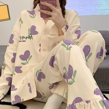 Сладка Пижама, комплект от 2 теми, Дамски пижами, Жилетка в японски стил с дълъг ръкав, Пижами, Домашно облекло, памучен облекло за почивка