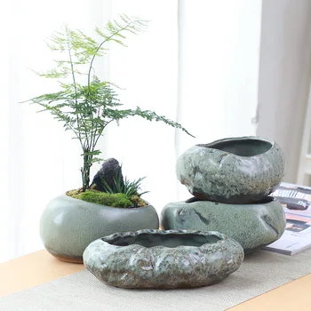 Ретро керамични малка саксия творчески настолен домашен суккулентный зелено растение Вэньчжу съдове в саксии китайски градина ръчно изработени