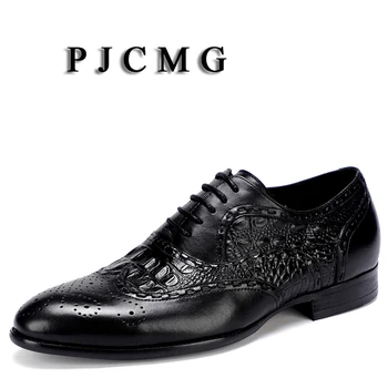 PJCMG, новост, Крокодил дизайн, Естествена кожа ръчно изработени, чрез шнурове с остри пръсти, Черни/червени вечерни обикновен мъжки обувки оксфордские