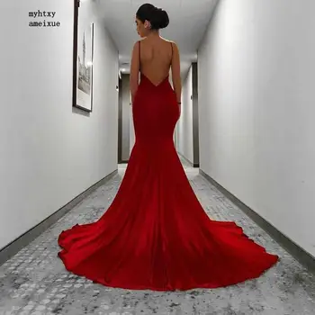 китай Червени вечерни рокли на Русалка с отворен гръб, дълбоки сексуални бретельки, открита върти, тромпет, копринени сатенени вечерни рокли Евтино