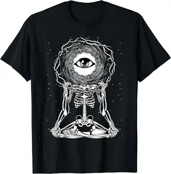 Медитиращият скелет, Йога, Кръг Всевидящего на око, Окултни Страшен Мъжки и женски черни тениски с къс ръкав
