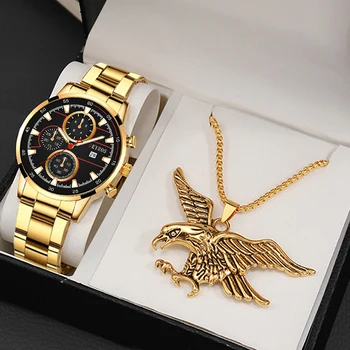 Комплект от 3ШТ модни мъжки часовник със златна огърлица, мъжки бизнес Ежедневни кварцов часовник от неръждаема стомана, мъжки календар, светещи часовници