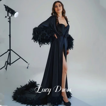 Сватбена рокля Lucy Black Boudoir дължина до пода, дреха от пера, коприна сватбена рокля за парти, вечерни рокли, Sharon Happy, официално
