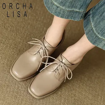 ORCHA LISA / луксозни дамски обувки-лодка от телешка кожа с квадратни пръсти на високо масивна ток 7 см с шнур, по-големи размери 41, елегантни дамски обувки в стил ретро, за срещи