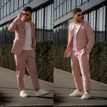 Розово Мъжки костюм, изработена по поръчка, 2 броя, модерен модерен однобортный сватбен костюм за младоженеца, бизнес ежедневното палто за бала + панталони по поръчка
