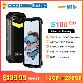 DOOGEE S100 Pro 22000 ма 12 GB 256 GB Издръжлив Смартфон Хелио G99 6 нм 108 Mp Мобилен Телефон 6,58 Инча, FHD Къмпинг Лек Мобилен телефон