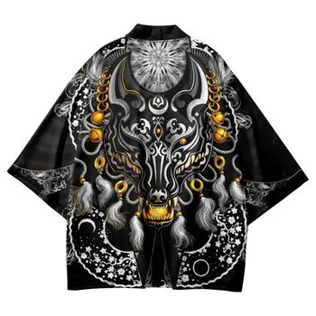 Кимоно Самурай в японски стил Харадзюку с принтом лисици, градинска дрехи, жилетка, Плажна Юката, мъжки и дамски традиционната азиатска облекло Хаори.