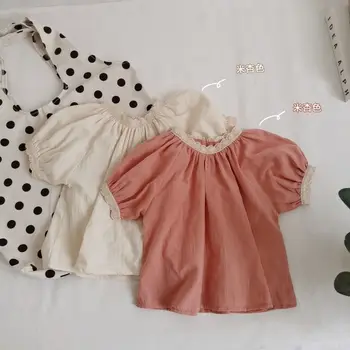 Лятна памучен и бельо тениска с къси ръкави за момичета 2023 година, Корейската тениска с горски фенерче за малки момичета