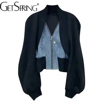 Дамско палто Getspring 2023 пролетна Мода denim ред, V-образно деколте, с цип, на ръкав-фенер, фалшиви Две Къси якета, реколта върхове, Новост