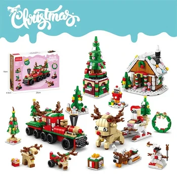 Коледен Лосове, Елени, Дядо Коледа, градивните елементи на 6 в 1, направи си сам, Снежна хижа, Коледно дърво, Набор от тухли, играчки за деца, Коледни подаръци за деца